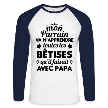 Mon Parrain Va M'apprendre Les Bêtises Humour - T-shirt baseball manches longues Homme - blanc/marine - Devant - Nik (191cm)