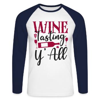 Dégustation de vin de sommelier - T-shirt baseball manches longues Homme - blanc/marine - Devant - Nik (191cm)