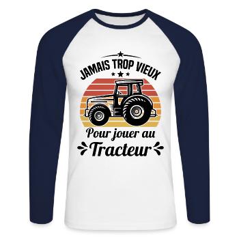 Jamais trop vieux pour jouer au tracteur - T-shirt baseball manches longues Homme - blanc/marine - Devant - Nik (191cm)
