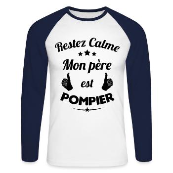 Restez calme Mon père est pompier Cadeau - T-shirt baseball manches longues Homme - blanc/marine - Devant - Nik (191cm)