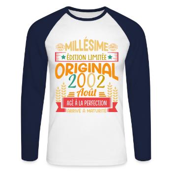 Millésime Né(e) Août 2002 Cadeau Anniversaire - T-shirt baseball manches longues Homme - blanc/marine - Devant - Nik (191cm)