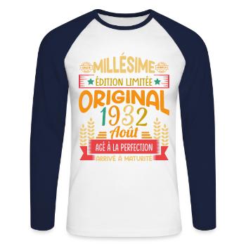 Millésime Né(e) Août 1932 Cadeau Anniversaire - T-shirt baseball manches longues Homme - blanc/marine - Devant - Nik (191cm)