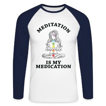 Meditation Is My Medication Meditating Relaxation - Unisex Baseballshirt langarm - Weiß/Navy - Vorne - Nik (191cm)