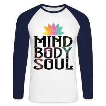 Mind Body Soul Meditate Spirituality Relaxation Me - Unisex Baseballshirt langarm - Weiß/Navy - Vorne - Nik (191cm)