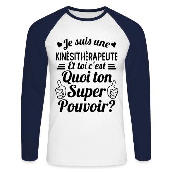 Je suis une Kiné c'est mon super pouvoir - T-shirt baseball manches longues Homme - blanc/marine - Devant - Nik (191cm)
