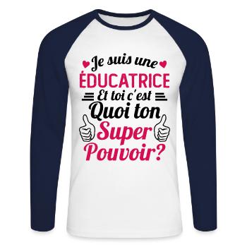 Je suis une éducatrice c'est mon super pouvoir - T-shirt baseball manches longues Homme - blanc/marine - Devant - Nik (191cm)