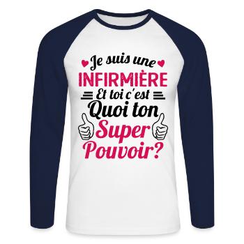 Je suis une Infirmière c'est mon super pouvoir - T-shirt baseball manches longues Homme - blanc/marine - Devant - Nik (191cm)