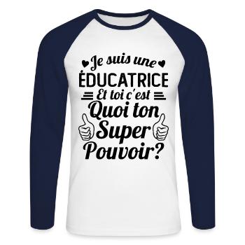 Je suis une éducatrice c'est mon super pouvoir - T-shirt baseball manches longues Homme - blanc/marine - Devant - Nik (191cm)