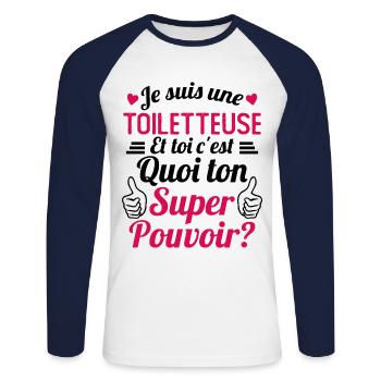 Je suis une Toiletteuse c'est mon super pouvoir - T-shirt baseball manches longues Homme - blanc/marine - Devant - Nik (191cm)