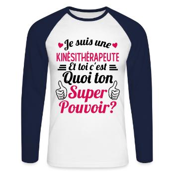 Je suis une Kiné c'est mon super pouvoir - T-shirt baseball manches longues Homme - blanc/marine - Devant - Nik (191cm)