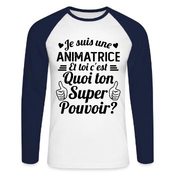 Je suis une Animatrice C'est Mon Super Pouvoir - T-shirt baseball manches longues Homme - blanc/marine - Devant - Nik (191cm)