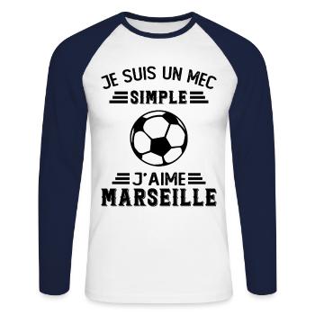 je suis un mec simple j'aime Marseille - T-shirt baseball manches longues Homme - blanc/marine - Devant - Nik (191cm)