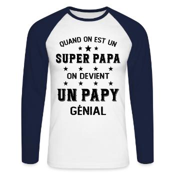Un Super Papa On Devient Un Papy Génial - T-shirt baseball manches longues Homme - blanc/marine - Devant - Nik (191cm)