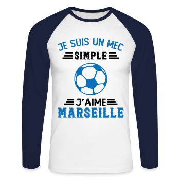 je suis un mec simple j'aime Marseille - T-shirt baseball manches longues Homme - blanc/marine - Devant - Nik (191cm)