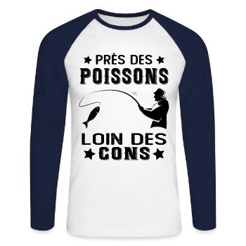 Près Des Poissons Loin Des Cons Drôle Pêcheur - T-shirt baseball manches longues Homme - blanc/marine - Devant - Nik (191cm)