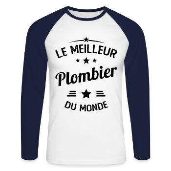 Le Meilleur Plombier du Monde Cadeau Plombier - T-shirt baseball manches longues Homme - blanc/marine - Devant - Nik (191cm)