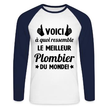 Le Meilleur Plombier du Monde Cadeau Plombier - T-shirt baseball manches longues Homme - blanc/marine - Devant - Nik (191cm)