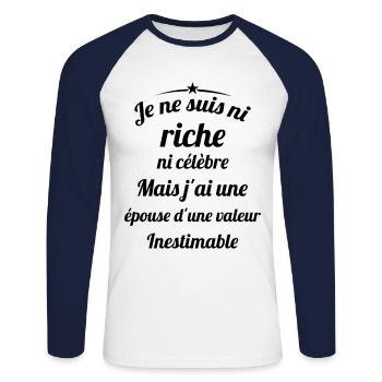 Je ne Suis Ni Riche Ni Célèbre Humour - T-shirt baseball manches longues Homme - blanc/marine - Devant - Nik (191cm)