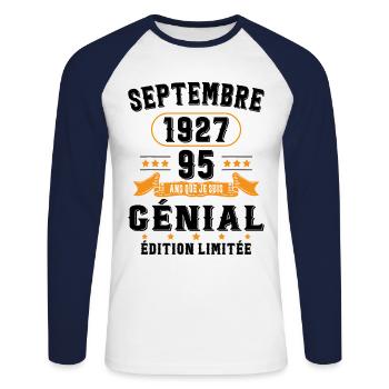 95 Ans Anniversaire Vintage En Septembre 1927 - T-shirt baseball manches longues Homme - blanc/marine - Devant - Nik (191cm)