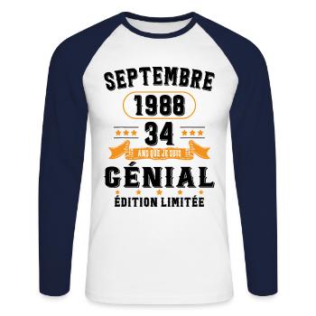 34 Ans Anniversaire Vintage Né(e) Septembre 1988 - T-shirt baseball manches longues Homme - blanc/marine - Devant - Nik (191cm)