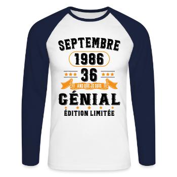36 Ans Anniversaire Vintage Né(e) Septembre 1986 - T-shirt baseball manches longues Homme - blanc/marine - Devant - Nik (191cm)