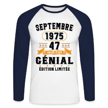 47 Ans Anniversaire Vintage Né(e) Septembre 1975 - T-shirt baseball manches longues Homme - blanc/marine - Devant - Nik (191cm)