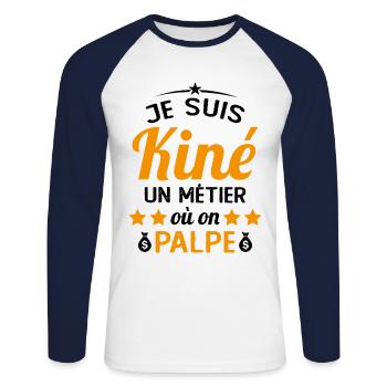Cadeau Je suis Kiné Humour Citation - T-shirt baseball manches longues Homme - blanc/marine - Devant - Nik (191cm)