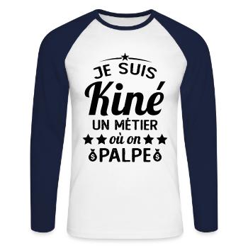 Cadeau Je suis Kiné Humour Citation - T-shirt baseball manches longues Homme - blanc/marine - Devant - Nik (191cm)