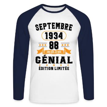 88 Ans Anniversaire Vintage Né(e) Septembre 1934 - T-shirt baseball manches longues Homme - blanc/marine - Devant - Nik (191cm)