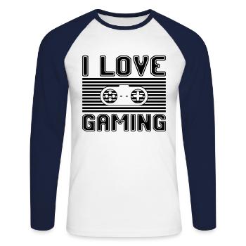I love gaming - Unisex Baseballshirt langarm - Weiß/Navy - Vorne - Nik (191cm)