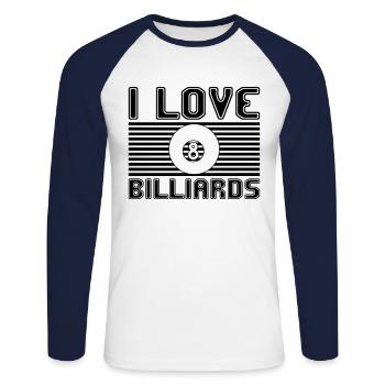 J’adore le billard - T-shirt baseball manches longues Homme - blanc/marine - Devant - Nik (191cm)