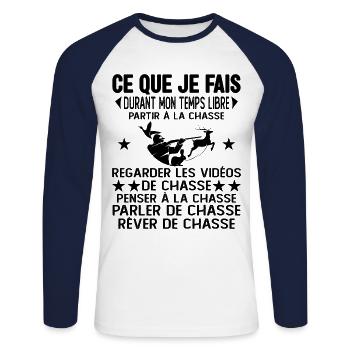 Ce Que Je Fais Pendant Mon Temps Libre la Chasse - T-shirt baseball manches longues Homme - blanc/marine - Devant - Nik (191cm)