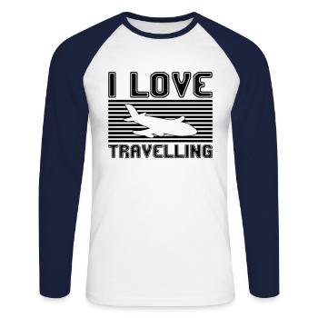I love traveling - Unisex Baseballshirt langarm - Weiß/Navy - Vorne - Nik (191cm)