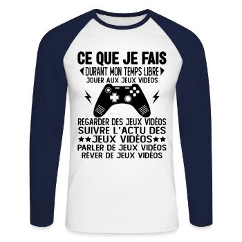 Ce que je fais pendant mon temps libre Jeux videos - T-shirt baseball manches longues Homme - blanc/marine - Devant - Nik (191cm)