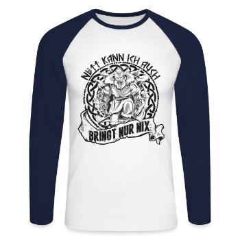 Wikinger Spruch Nett kann ich auch bringt nur nix - Unisex Baseballshirt langarm - Weiß/Navy - Vorne - Nik (191cm)