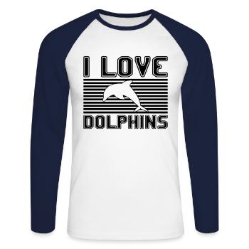 I love dolphins - Unisex Baseballshirt langarm - Weiß/Navy - Vorne - Nik (191cm)