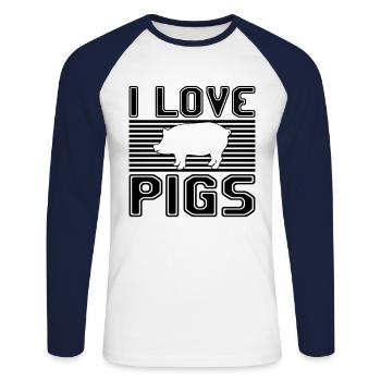 J’adore les cochons - T-shirt baseball manches longues Homme - blanc/marine - Devant - Nik (191cm)