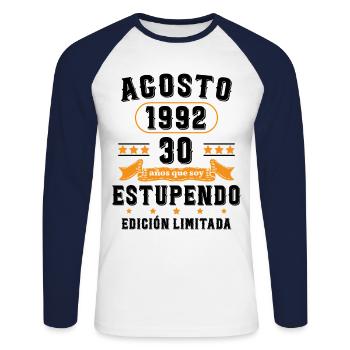 30 Ans Anniversaire Vintage Né(e) en Août 1992 - T-shirt baseball manches longues Homme - blanc/marine - Devant - Nik (191cm)
