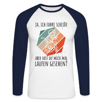 Rollstuhlfahrer Humor Spruch - Unisex Baseballshirt langarm - Weiß/Navy - Vorne - Nik (191cm)