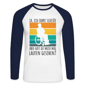 Rollstuhlfahrer Humor Spruch - Unisex Baseballshirt langarm - Weiß/Navy - Vorne - Nik (191cm)