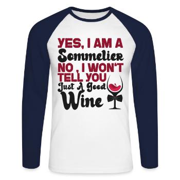 Dégustation de vin de sommelier - T-shirt baseball manches longues Homme - blanc/marine - Devant - Nik (191cm)