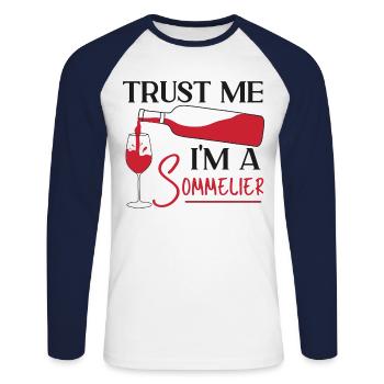 Dégustation de vin de sommelier - T-shirt baseball manches longues Homme - blanc/marine - Devant - Nik (191cm)