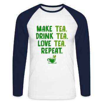 Make Tea Drink Tea Love Tea Repeat Tea Drinker Bre - Unisex Baseballshirt langarm - Weiß/Navy - Vorne - Nik (191cm)