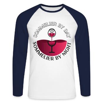 Dégustation de vin de sommelier - T-shirt baseball manches longues Homme - blanc/marine - Devant - Nik (191cm)