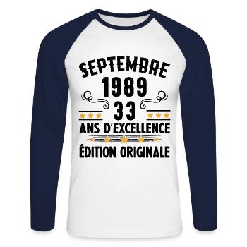 33 Ans Anniversaire Vintage Né(e) Septembre 1989 - T-shirt baseball manches longues Homme - blanc/marine - Devant - Nik (191cm)