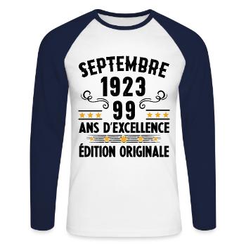 99 Ans Anniversaire Vintage Né(e) Septembre 1923 - T-shirt baseball manches longues Homme - blanc/marine - Devant - Nik (191cm)