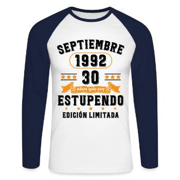 30 Ans Anniversaire Vintage Né(e) Septembre 1992 - T-shirt baseball manches longues Homme - blanc/marine - Devant - Nik (191cm)