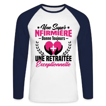 Humour infirmière retraitée, Cadeau retraite - T-shirt baseball manches longues Homme - blanc/marine - Devant - Nik (191cm)