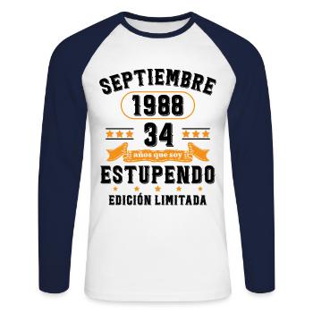 34 Ans Anniversaire Vintage Né(e) Septembre 1988 - T-shirt baseball manches longues Homme - blanc/marine - Devant - Nik (191cm)