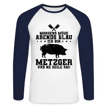 Fleischer Metzger - Unisex Baseballshirt langarm - Weiß/Navy - Vorne - Nik (191cm)